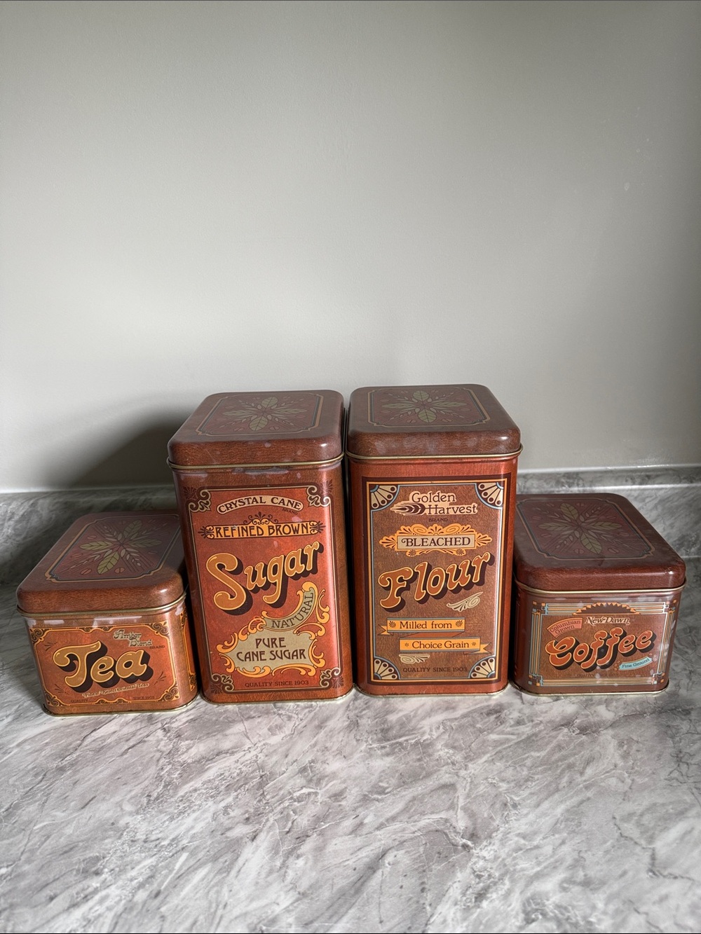 Rustic Farmhouse Canister Set 4pc Tea Coffee Sugar Flour Vintage Look Kitchen
